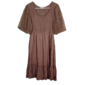 Polagram Brown Midi Dress Size Medium Lace Sleeve Detail Elegant Casual Style